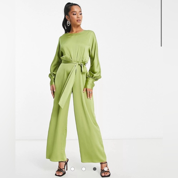 Lola May - Tie Waist Wide Leg Satin Jumpsuit in chartreuse green NWT - Picture 7 of 7
